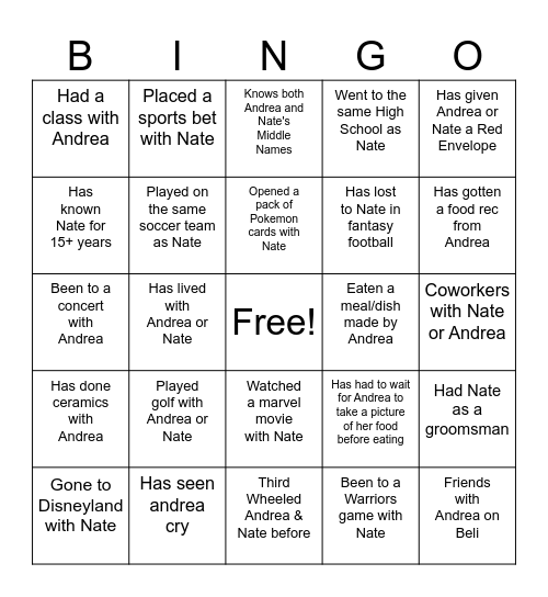 andrea + nate engagment party Bingo Card