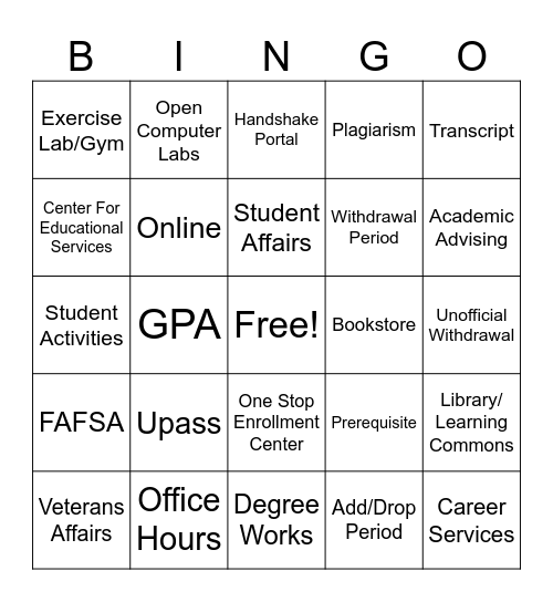 Campus Lingo Bingo Card