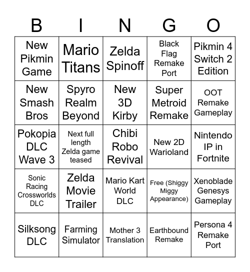Nintendo Direct Bingo Card