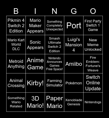 Nintendo Direct 9/9/2026 Bingo Card