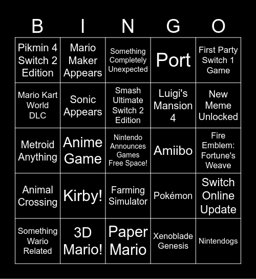 Nintendo Direct 9/9/2026 Bingo Card