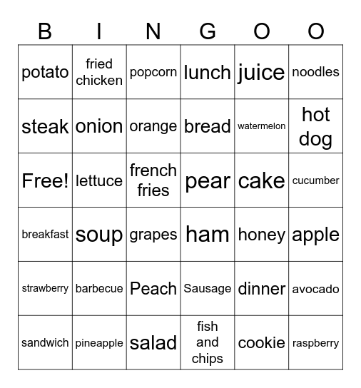 Food & Meals Bingo Card
