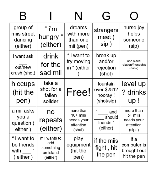Tomodachi Life Bingo Card