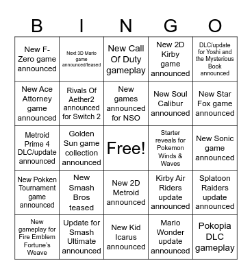 Nintendo Direct 2026 Bingo Card