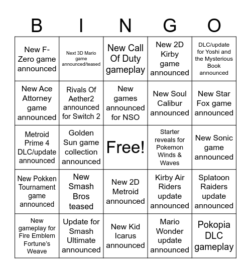 Nintendo Direct 2026 Bingo Card