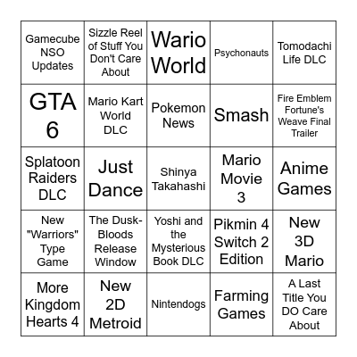 Nintendo Direct September 2026 Bingo Card