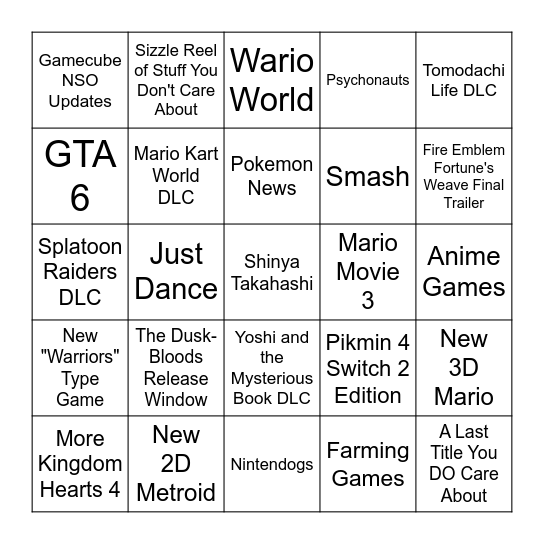 Nintendo Direct September 2026 Bingo Card