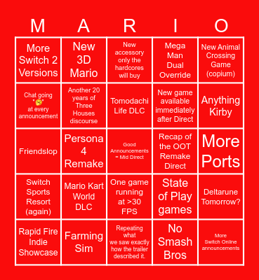 Nintendo Direct Predictions (9/9/26) Bingo Card