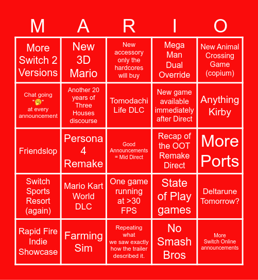 Nintendo Direct Predictions (9/9/26) Bingo Card