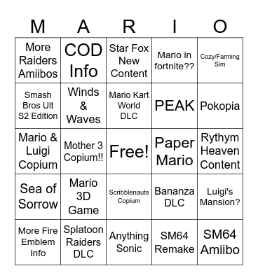 Nintendo Direct Bingo Card