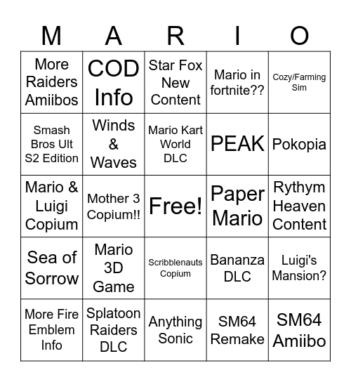 Nintendo Direct Bingo Card