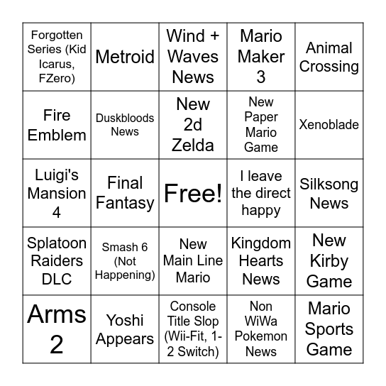 9/9 Nintendo Direct Bingo Card