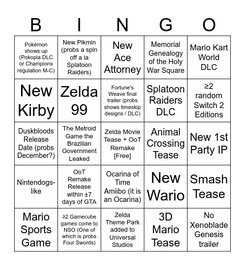 September Directs Bing Bing Wahoo Bingo Card