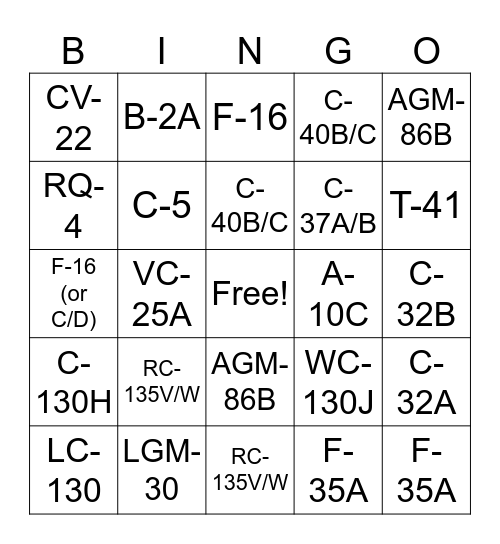 Active Air Force Airframes Bingo Card