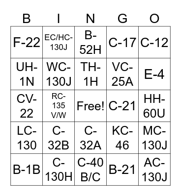 Active Air Force Airframes Bingo Card