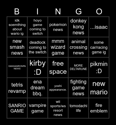 nintendo direct Bingo Card