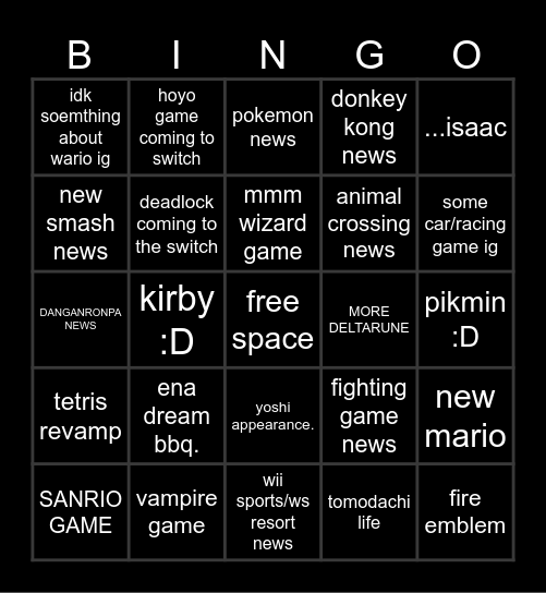 nintendo direct Bingo Card