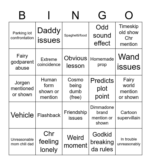Fairy odd parent Bingo Card