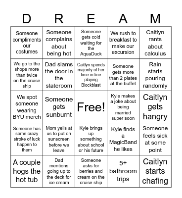 Disney Trip Bingo Card