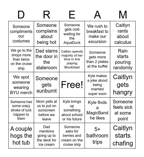 Disney Trip Bingo Card