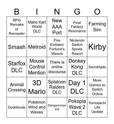 Nintendo Direct 9/9/2026 Bingo Card
