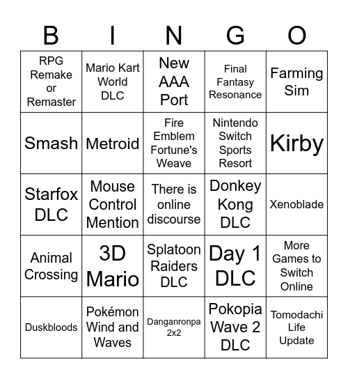 Nintendo Direct 9/9/2026 Bingo Card