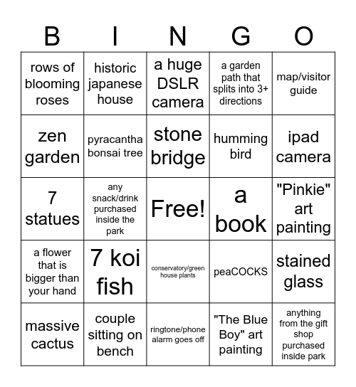 Huntington Library Art Museum Bingo Card