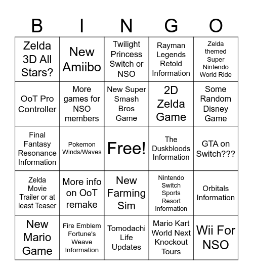 Zelda And Regular Direct Bingo Card