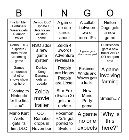 LOZ & Nintendo Direct Bingo Card - September 2026 Bingo Card