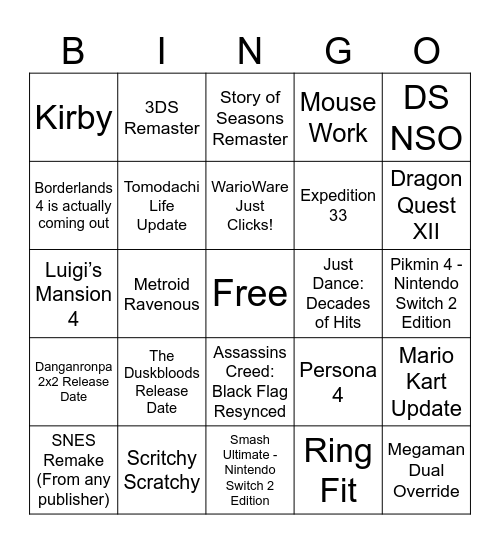 Ninty Direct Sept. '26 Bingo Card