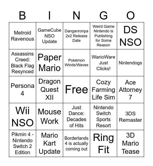 Ninty Direct Sept. '26 Bingo Card