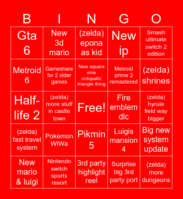 Nintendo Direct 9-9 Bingo Card