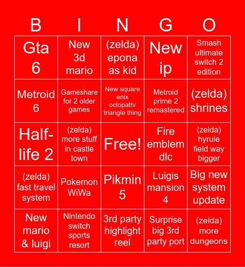 Nintendo Direct 9-9 Bingo Card