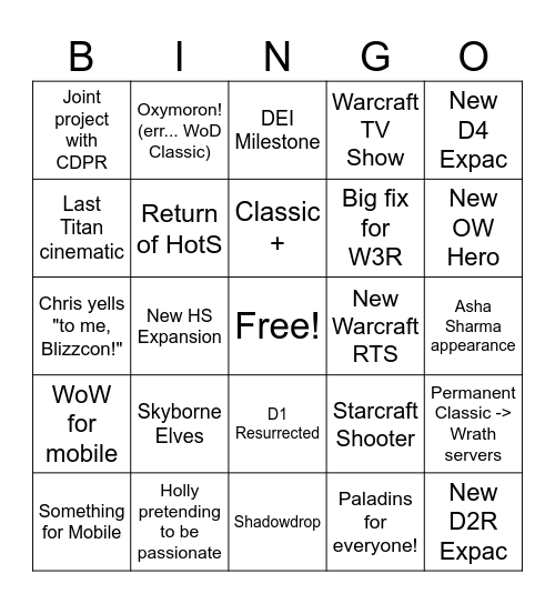 Blizzcon 2026 Announcements Bingo Card