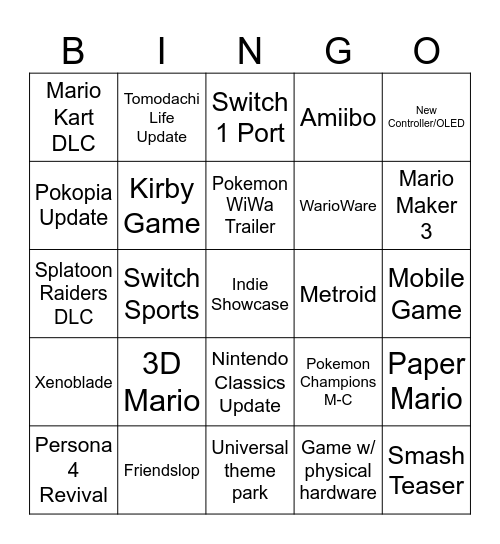 NINTENDO DIRECT BINGO Card
