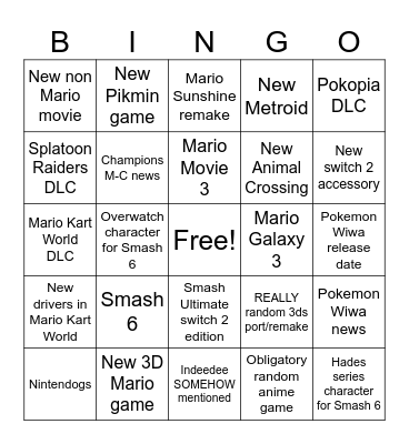 Nintendo Direct Bingo Card