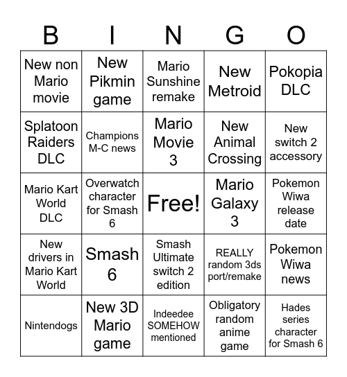 Nintendo Direct Bingo Card