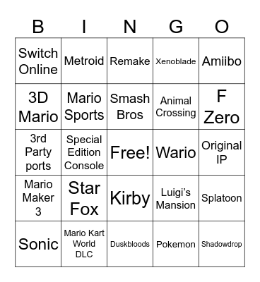 Nintendo Direct 9.9.26 Bingo Card