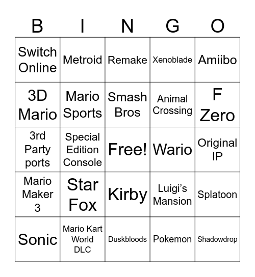 Nintendo Direct 9.9.26 Bingo Card