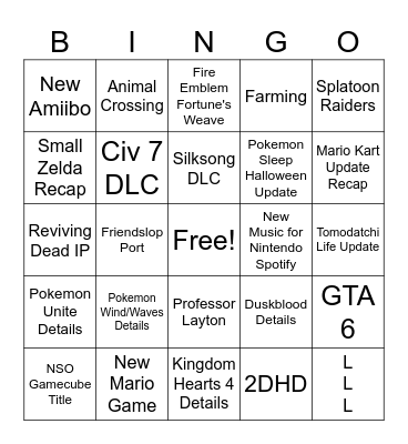 Nintendo Direct 9/9/26 Bingo Card
