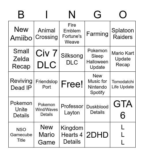 Nintendo Direct 9/9/26 Bingo Card