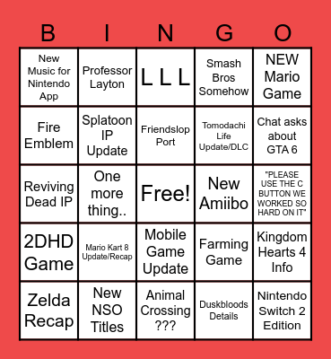 Nintendo Direct 9-9-26 Bingo Card
