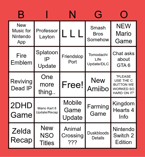 Nintendo Direct 9-9-26 Bingo Card