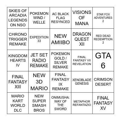 NINTENDO DIRECT SEPTEMBER 2026 Bingo Card