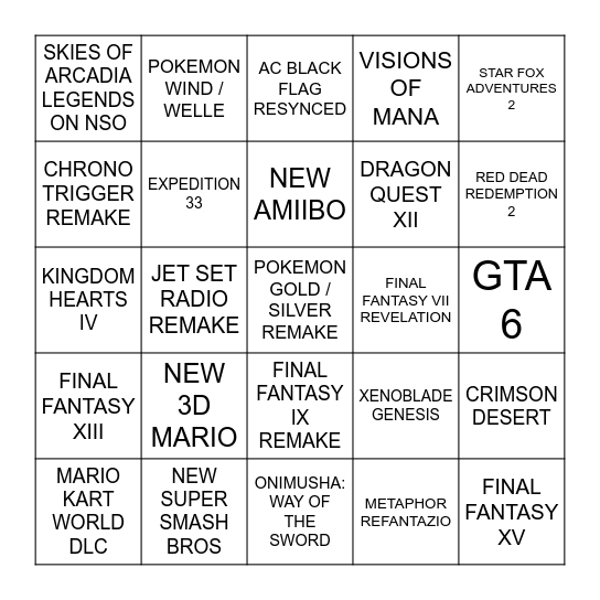 NINTENDO DIRECT SEPTEMBER 2026 Bingo Card