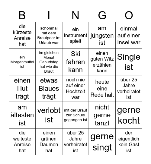 Hochzeits-Bingo Card