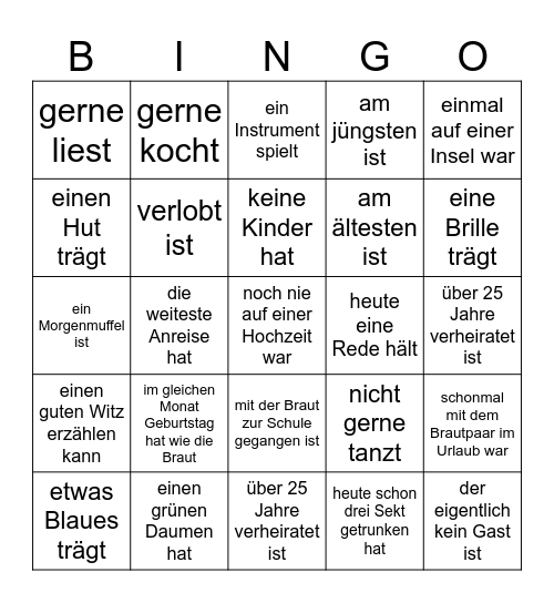 Hochzeits-Bingo Card