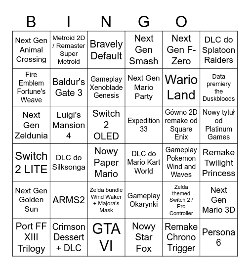 Nintendo 8 & 9 September 2026 Bingo Card