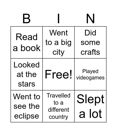 Summer Bingo Card
