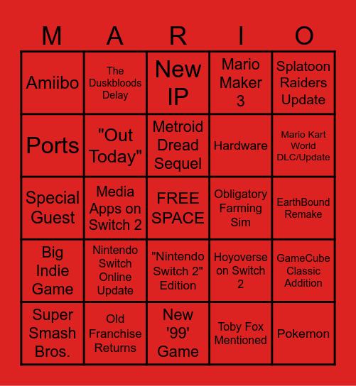 Nintendo Direct Bingo Card